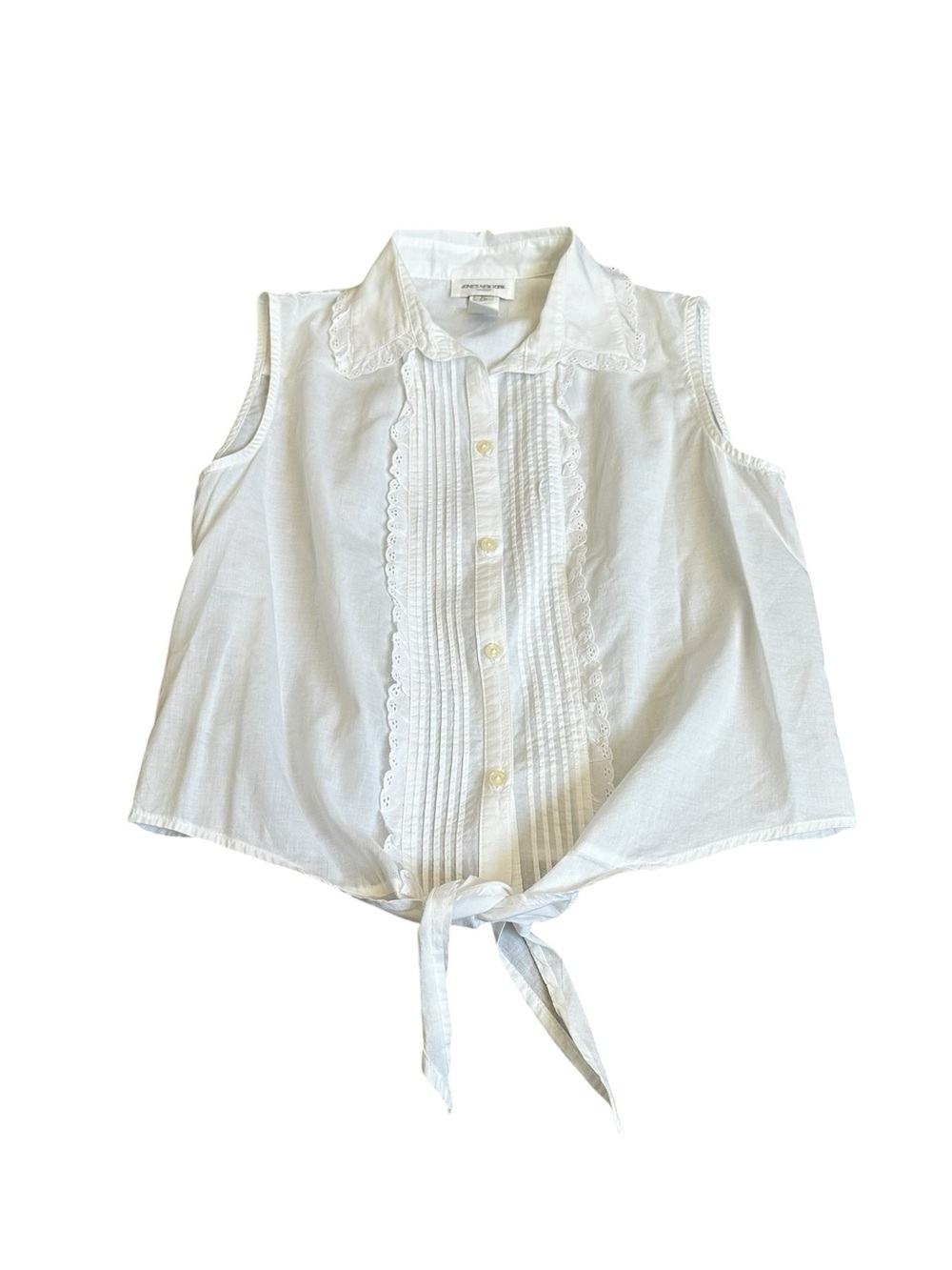 Vintage Jones New York White Sleeveless Tie Front Shirt Ruffle Lace Cottage